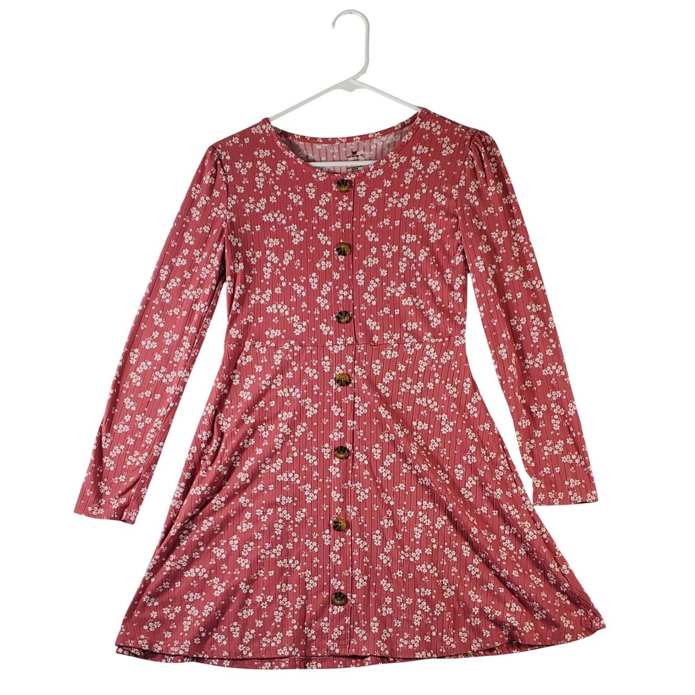 One Step Up Girls Floral Button Front Ribbed Knit Dress Size L 14 16 Long Sleeve